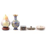 Cloisonne vase, Chinese porcelain pear, and other Asian decorative wear