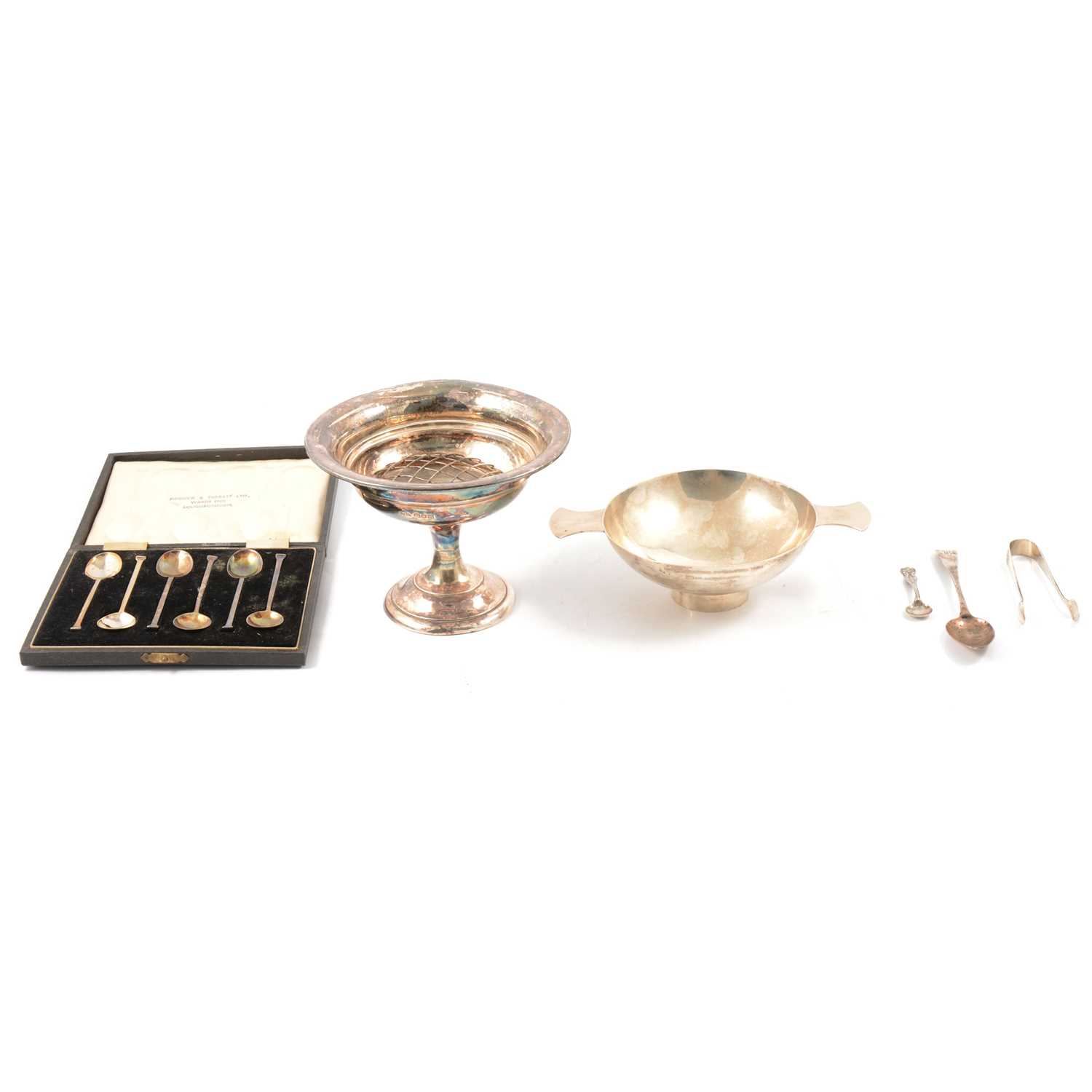 Silver quiche, set of six silver teaspoons, pedestal bowl, etc