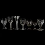 Seven antique glass rummers and glassware