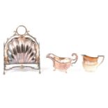 Small collection of silver plate, including Welbeck Plate scallop-clasp biscuit box