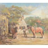 English School, Shire horses outside farm buildings,