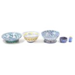 A majolica bowl and Turkish earthenware bowls