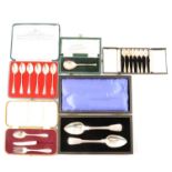 Five cased sets of cutlery and commemorative silver