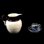 Caughley blue and white coffee can and saucer, and a stoneware jug