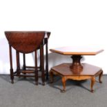 Small oak gateleg table, and a walnut veneered hexagonal table,