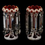 Pair of Victorian opaque overlaid ruby glass lustres