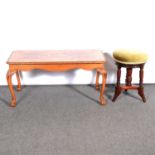 Figured walnut coffee table and nest of tables / piano stool etc