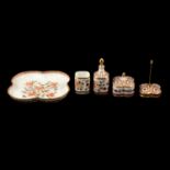 Royal Crown Derby 'Honeysuckle' pattern five piece dressing table set.