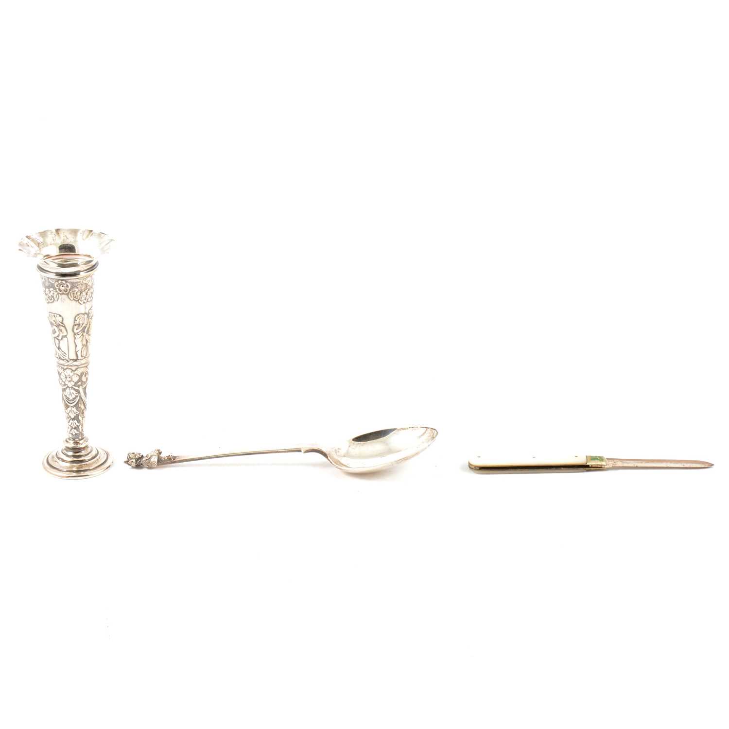 Silver bud vase, Lincoln Imp spoon, fruit knife.
