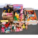 Three boxes of Barbie, Sindy and Pippa dolls, accessories and furniture.