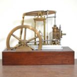 Model beam engine, live steam, mounted on wooden plinth, unpainted, width of base 40cm.