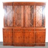 Reproduction yew wood breakfront bookcase