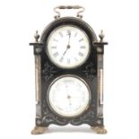 French ebonised desktop clock, barometer and thermometer,