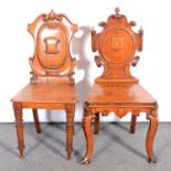 Two Victorian oak hall chairs