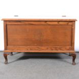 Oak blanket box, Canterbury magazine rack, and other occasional furniture