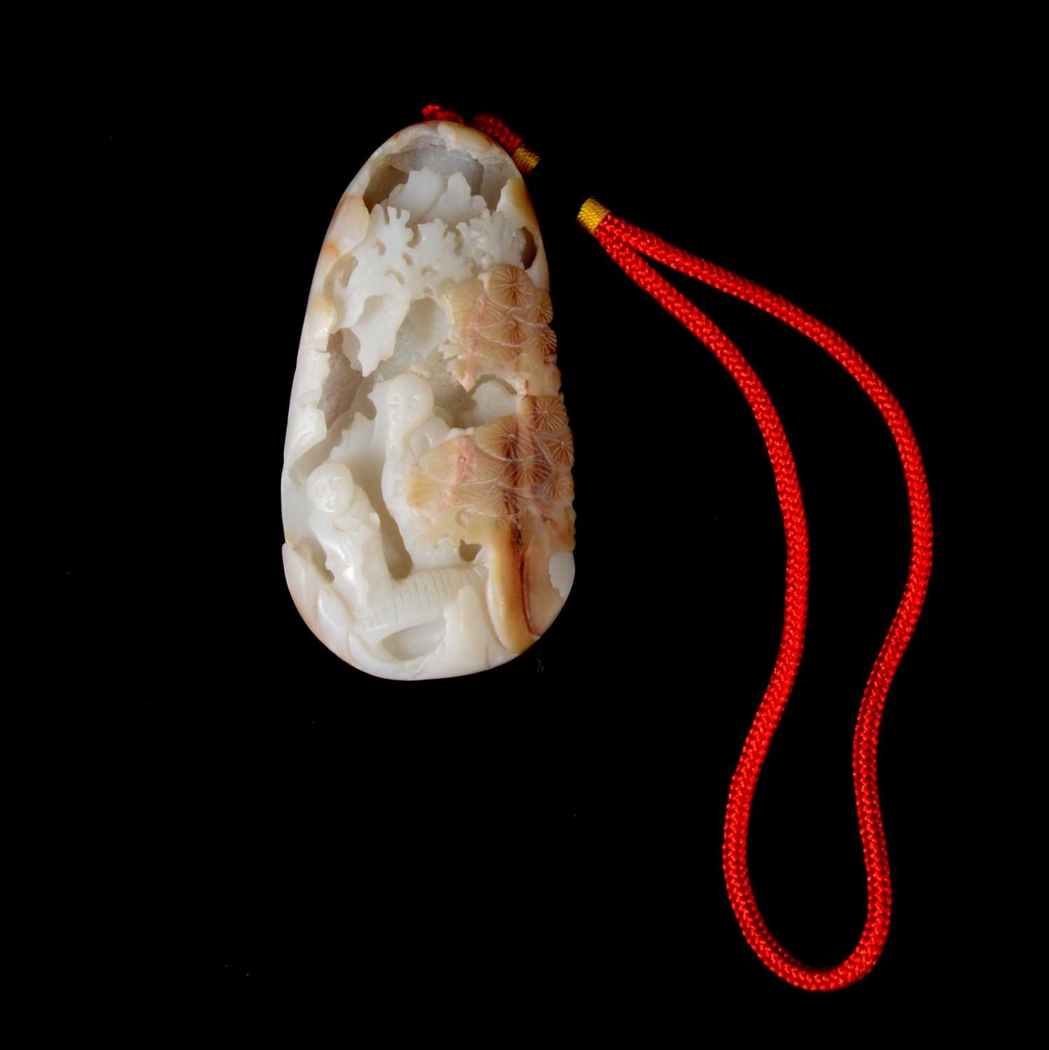 Jade-type carved pebble, Elder and another figure