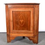 Late Victorian inlaid mahogany freestanding corner cupboard,