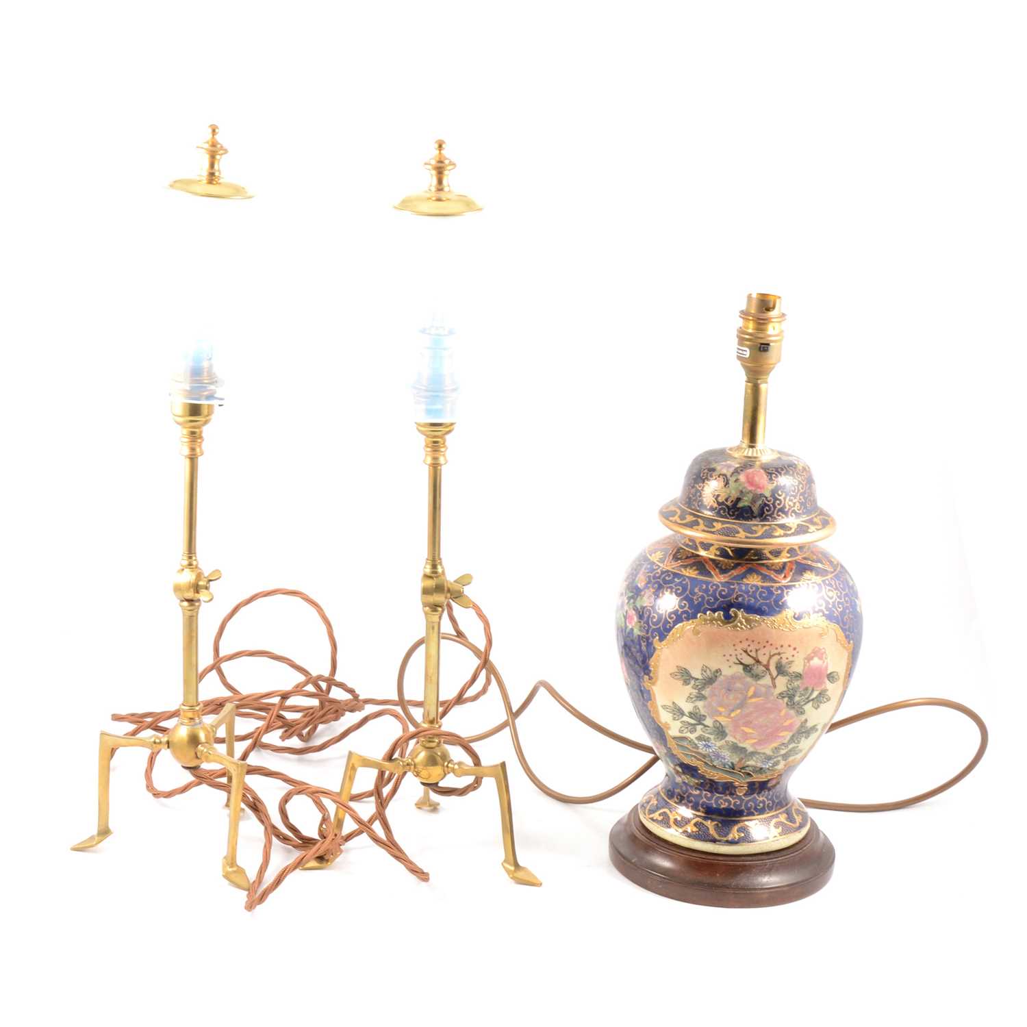 Pair of Edwardian style brass table lamps and a modern table lamp.