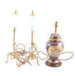 Pair of Edwardian style brass table lamps and a modern table lamp.