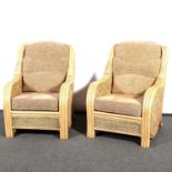Pair of Makasa Cane furniture conservatory chairs, matching table, and a lamp