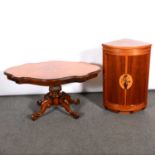 Reproduction walnut marquetry occasional table and an inlaid corner cupboard