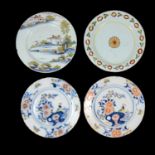 An English delft polychrome plate, mid-18th century, and three others