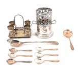 Silver-plated entree dishes, basting spoon, toast rack, siphon stand and other cutlery,