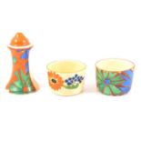 Clarice Cliff Newport Pottery salt shaker and mustard pots (no lids)