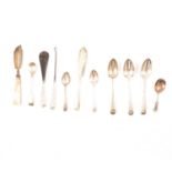 Two silver dessert spoons, Richard Crossley & George Smith IV, London 1806, and other silver items.