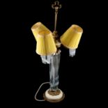 Gilt metal and marble three-light lamp with prism drops
