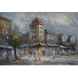 C Burnett, two Paris scenes, K Osman, a similar oil on canvas, another of Venice.