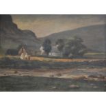 Scottish School, Cottages and figures by a river,