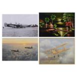Photographic aircraft print, two other prints and an Asian painting on cloth,