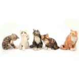 Five Winstanley pottery seated tabby cats.