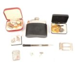 Two pairs of gold cufflinks, other cufflinks, dress studs, tie clips, silver vesta and stainless ste