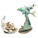 Contemporary, Riding a dolphin, verdigris patinated bronze, 49cm; another sculpture by the same