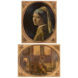 After Johannes Vermeer, The Girl with A Pearl Earring another Dutch interior in gilt gesso frames.