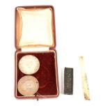 Chinese Sun Yat-sen Memento coin stamped Hankow 1938, another coin, bone cigarette holder and wax.