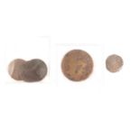 Richard I silver denier, Edward I silver penny, James II Gunmoney and three early farthings.