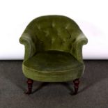 Late Victorian tub chair, hoop back, upholstered with button dralon, turned legs, on castors,