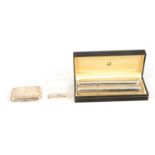 Dunhill pewter combined cigar case/flask, silver money clip and cigarette case,