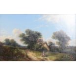 Victorian oil on re-lined canvas, rural scene with cottage and figures.