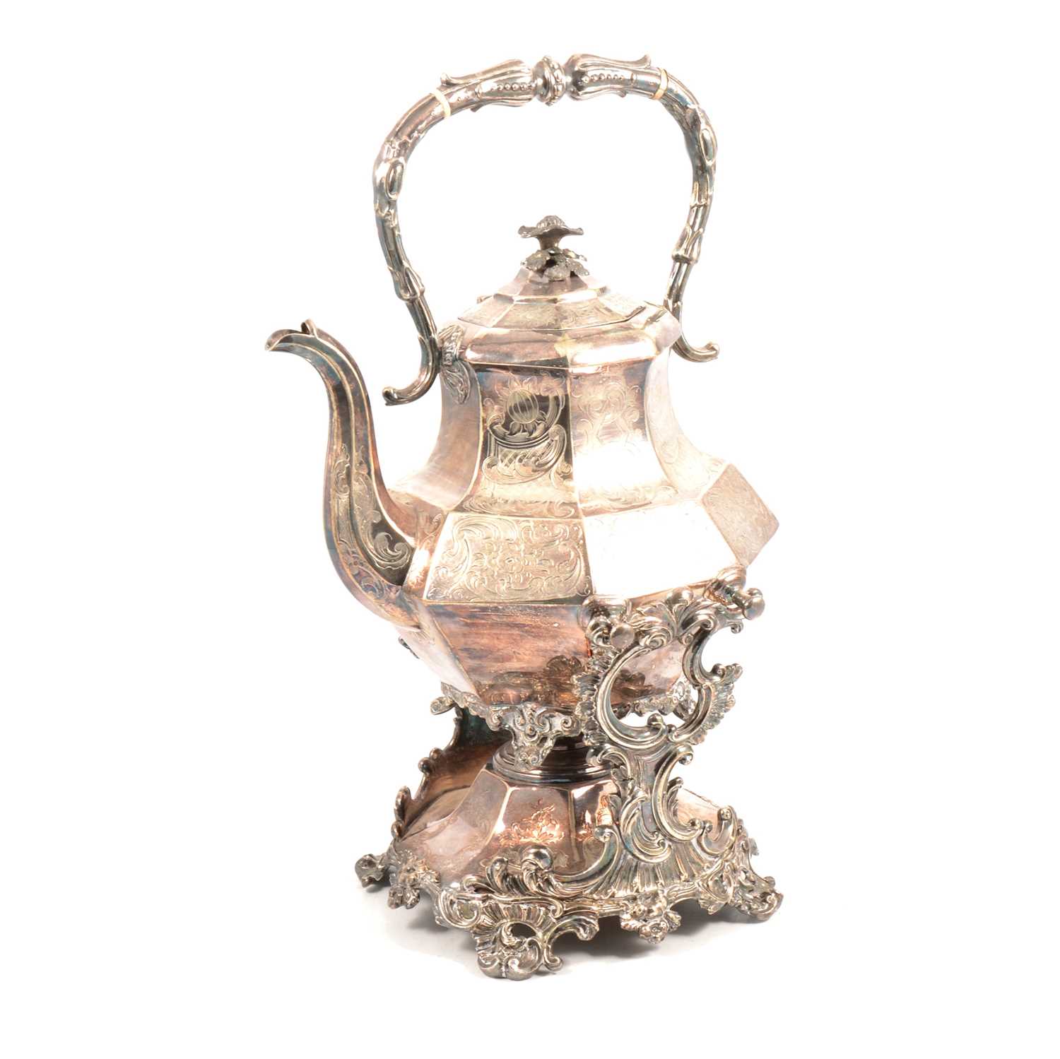 Large Victorian electroplated spirit kettle on stand