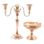 Silver-plate on copper three-light candelabra, and a similar comport,