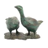 Contemporary, Two Geese, verdigris patinated bronze, 20cm.