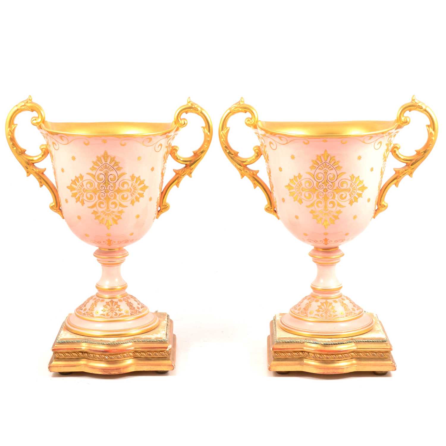 Large pair of ornamental Coalport vases, on stands