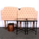 Pair of glass topped tables, coal bucket and pair of single bedsteads,