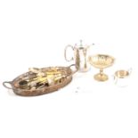 Silver-plated trays, lidded entree dishes, fish servers, coffee spoons and other cutlery.