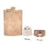 Silver hipflask James Dixon & Sons Ltd, Sheffield 1952, Garrard & Co napkin ring and Ronson lighter.