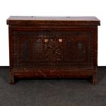 Hardwood box, probably North African, hinge lid, carved and inlaid front, width 57cm, depth 32cm,